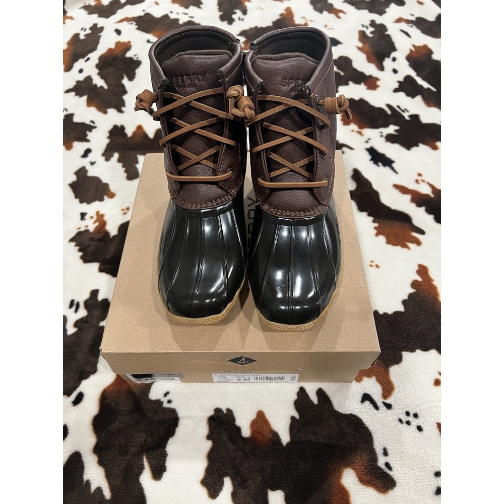 Sperry Girls Duck Boots Dark Brown Leather Shaft/Black Rubber Size 3M NIB